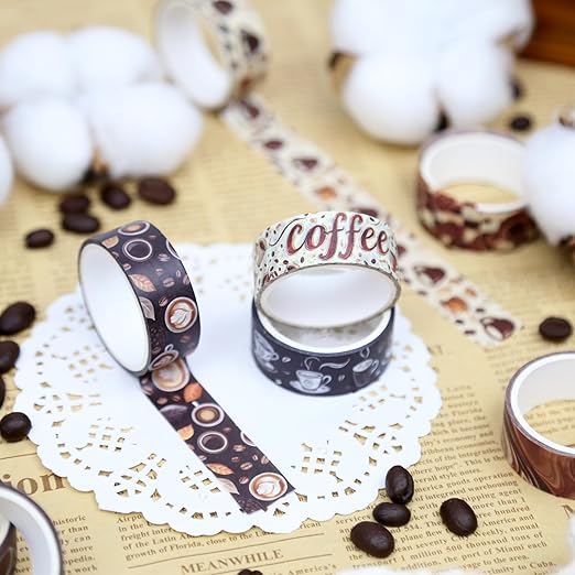 12 Rolls Washi Tape Set, Coffee Themed Decorative Tape Vintage Watercolor Brown Cafe Caffeine Masking Tape for Journaling Supplies,Junk Journal, Scrapbooking,Planner,DIY Arts & Crafts Supplies
