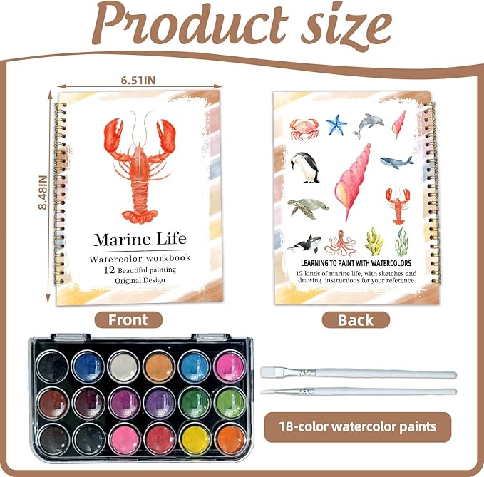 Watercolor Workbook, Water Coloring Book, 12 Different Patterns of Original DIY Designs, 18 Colors Watercolor Paint Set, Beginner-Friendly Watercolor Workbooks(Marine organisms)