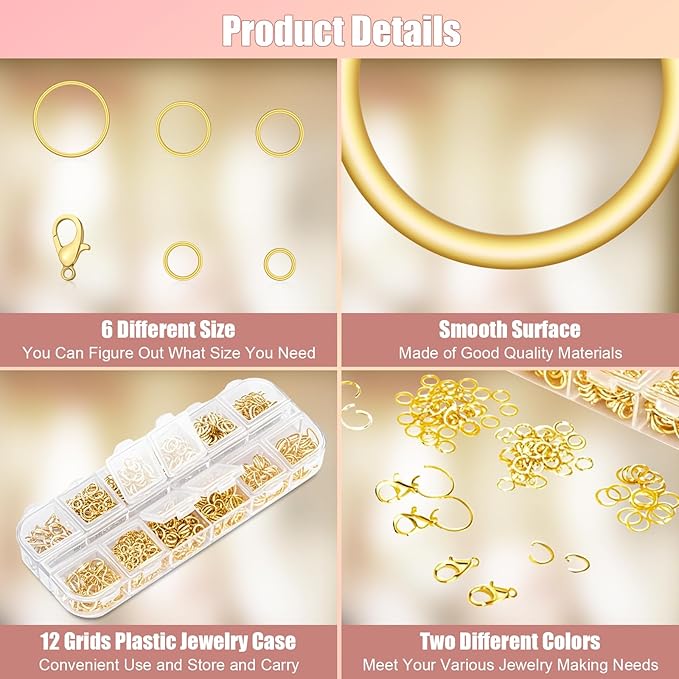 1200 Pcs Jump Rings, Jewelry Making Kit with Open/Close Tools, Pliers, Tweezers, Lobster Clasps, DIY Necklace Repair and Keychain Supplies (Gold)