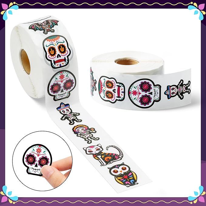 beyumi 1000pcs day of the dead stickers dia de los muertos colorful sugar skull skeleton cat stickers waterproof halloween mexican fiesta stickers decals for laptop water bottle kids party supplies
