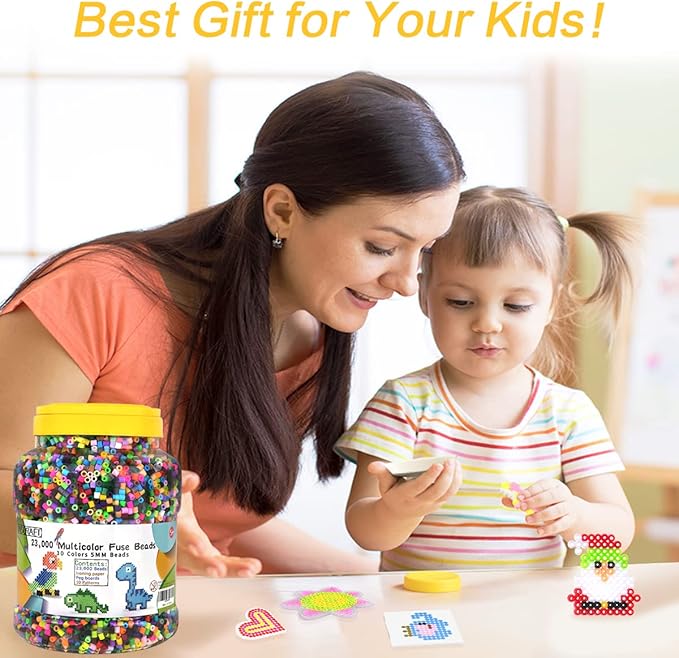 23,000 pcs fuse beads kit for kids crafts, 30 colors iron beads set with 3 pegboards, 5 ironing paper, 10 patterns, gifts for birthday christmas, multicolor 5mm melty beads bulk refill kit by inscraft