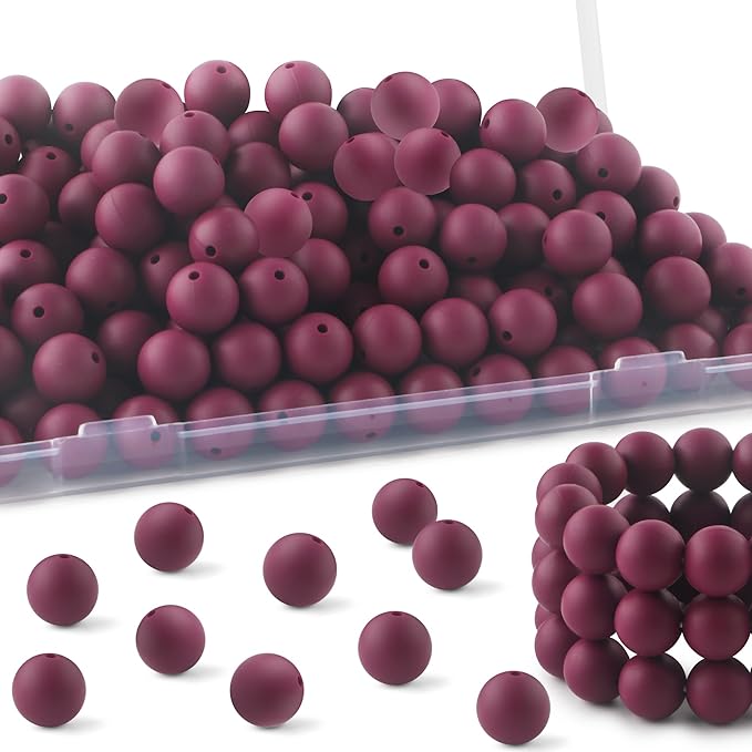 150Pcs 15mm Silicone Beads for Keychain Making Bracelet Necklace, Bulk Round Silicone Beads for Pens（Wine Red）