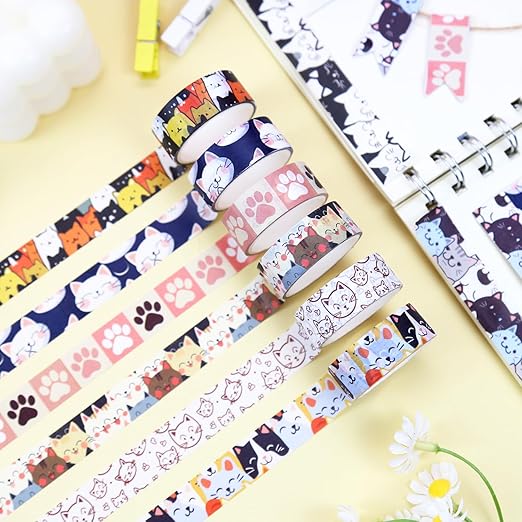 Cute Washi Tape Set, 12 Rolls Kawaii Cat Decorative Tape Cartoon Cat’s Paw Masking Tape for Journaling Supplies, Junk Journal, Scrapbooking, DIY Arts & Crafts, Planners, Gift Wrapping