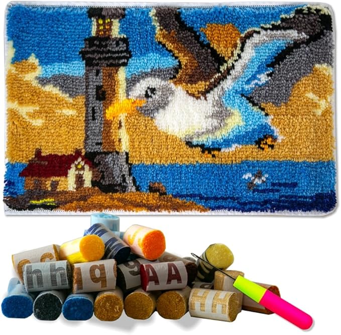 DL-YTG Latch Hook Kits Rug Seagull Crochet Yarn Cushion Colour Pre-Printed Canvas Cover Rug Needlework DIY Hook and Latch Kit Christmas Home Decoration 60X40cm/24x16 inch