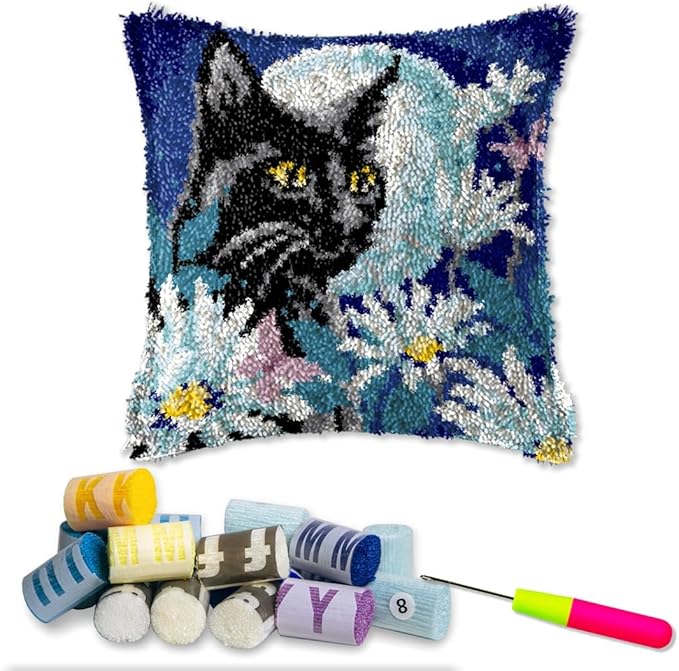 DL-YTG Latch Hook Kits Pillow Black Cat Right Crochet Yarn Cushion Colour Pre-Printed Canvas Rug Needlework DIY Pillowcase Hook and Latch Kit Home Arts Crafts Sofa Decoration 42x42cm/17 X17