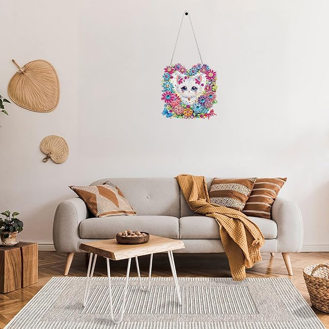 DOMROM Cat and Flower Diamond Art Hanging Kits for Kids Beginners, Special Shaped Crystal Diamond Painting Cat Pendant, DIY Diamond Art Suncatchers Animal for Home Garden Wall Decor Gift