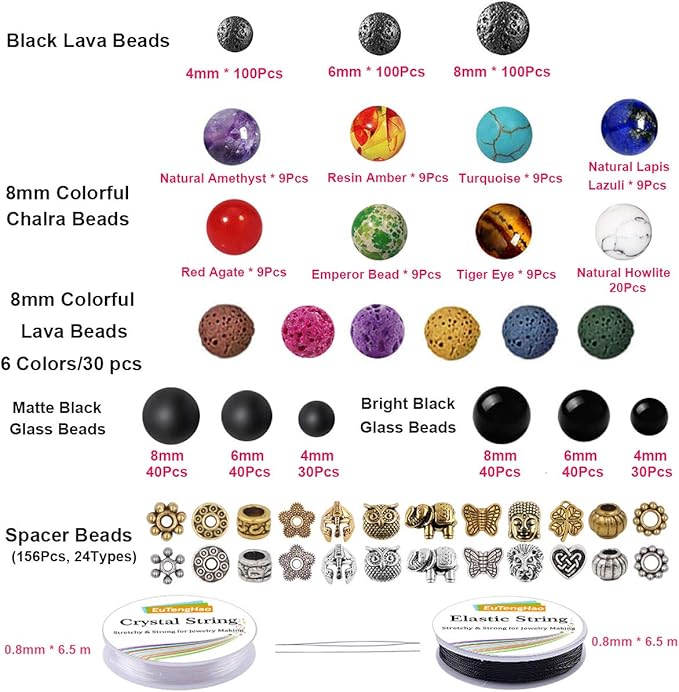 EuTengHao 810Pcs Color Lava Rock Beads Stone Chakra Beads Spacer Beads Kit with Volcanic Gemstone Crystal String for Diffuser Essential Oils Yoga Bracelets DIY Jewelry Making Supplies (4mm 6mm 8mm)