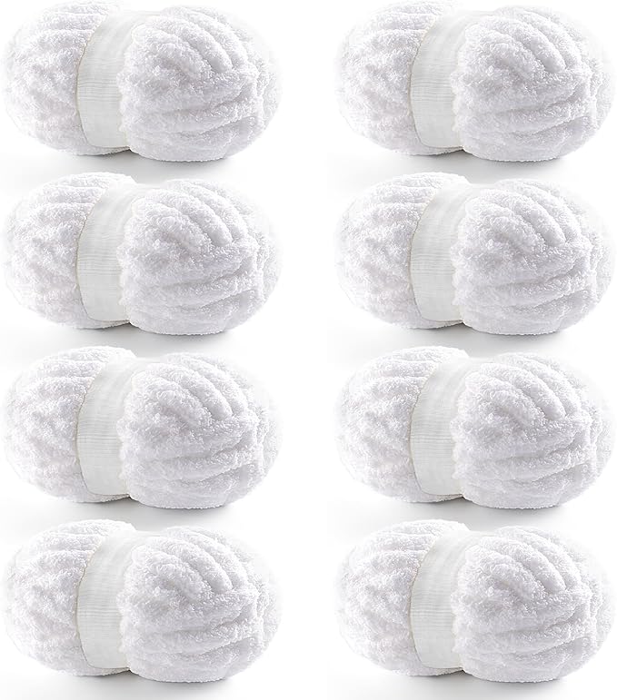 8 Pack Chunky Yarn for Hand Knitting - Chunky Chenille Blanket Yarn for Crocheting - Jumbo Fluffy Yarn for Crochet - Super Bulky Yarn 25 yds 7.7 oz Each Skein (Pure White)
