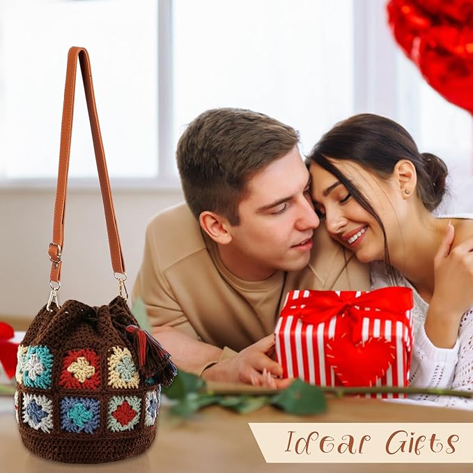 Noocro Crochet Kit for Advanced or Intermediate Beginner DIY Granny Square Bucket Bag, Purse with Step by Step Tutorial Video and Detailed Instruction Complete Kit Craft Holiday Gift (Chestnut)