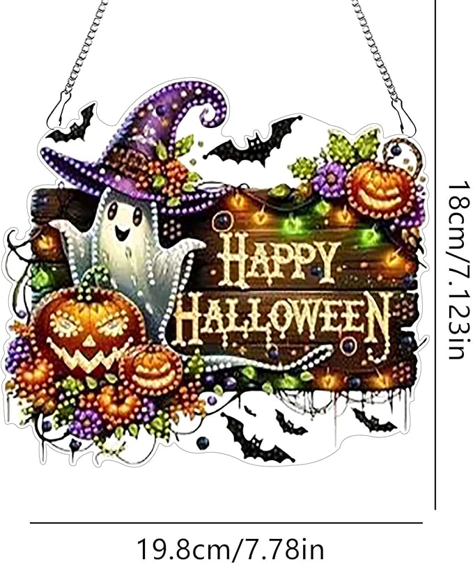 DIY Hanging Halloween Pendant Ornament Diamond Art Painting for Adults Beginners with Accessories Single Sided Dot-Drill Pendant for Home Wall Window Garden Decor (Ghost)