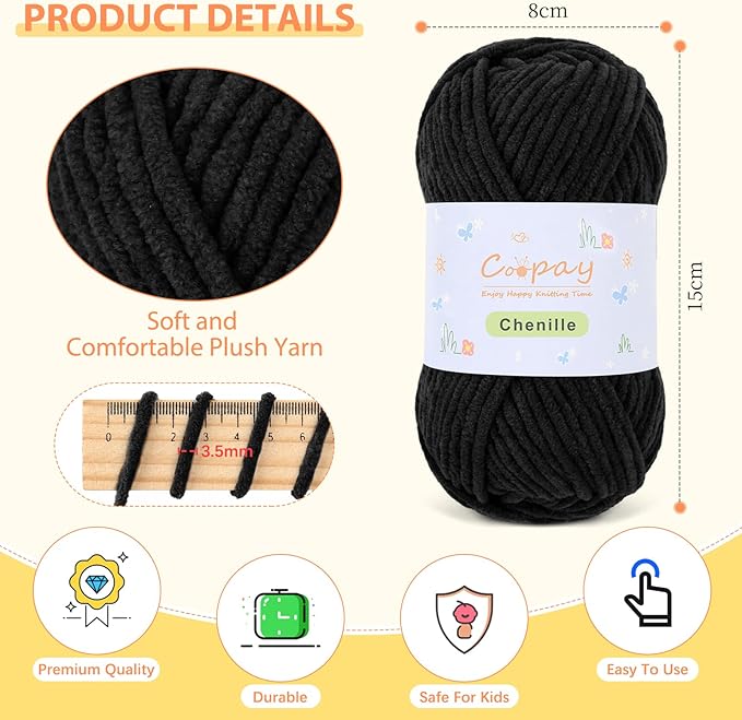 Coopay Chenille Yarn for Crocheting, 12 Pack Medium Weight Yarn - CYC #4 - Total 780yd, Soft Crochet Yarns for Plush Toys, Blankets, Scarves (Black/White)