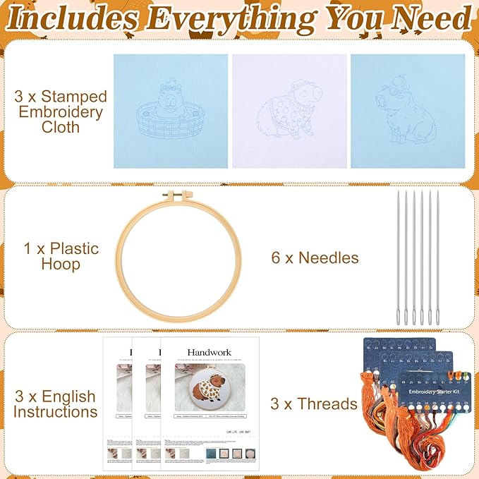 Mindsoft 3 Sets Capybara Embroidery Kit with Embroidery Hoop Easy Pattern Needlepoint Kit for Beginners and Adults Handcrafts Needlepoint Set with Needles Thread and Instruction
