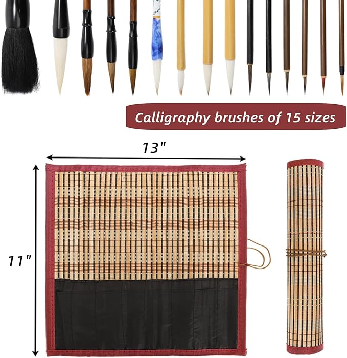 16 Pieces Chinese Calligraphy Brush Set, Sumi Brushes with Roll-up Bamboo Holder, Sturdy Japanese Watercolor Painting Writing Brushes, Kanji Art Drawing Brushes for Beginners