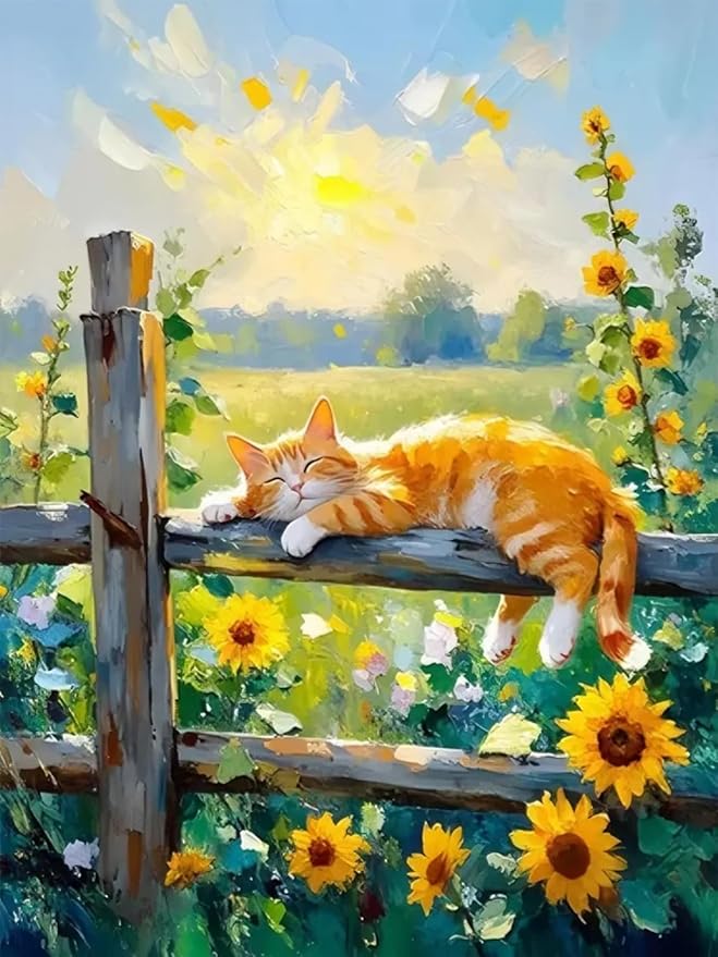 MBNTJHT Cat Stamped Cross Stitch Kits,Cat Sleeping on Fence Cross Stitch Ornament Kits for Adults Beginners,11CT Counted Embroidery Needlepoint Kit Art and Crafts 12x16 Inch.