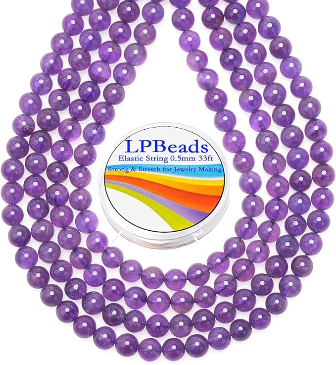 LPBeads 200Pcs Polished 6mm Round Natural Amethyst Gemstone Loose Beads with Stretch Cord for Jewelry Making Bracelets