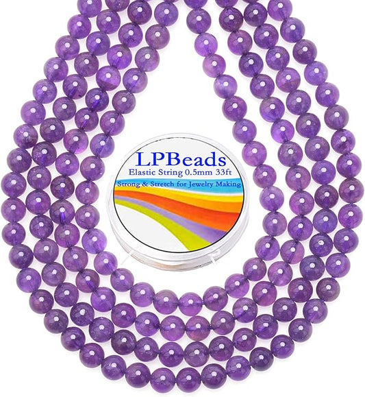 LPBeads 200Pcs Polished 6mm Round Natural Amethyst Gemstone Loose Beads with Stretch Cord for Jewelry Making Bracelets