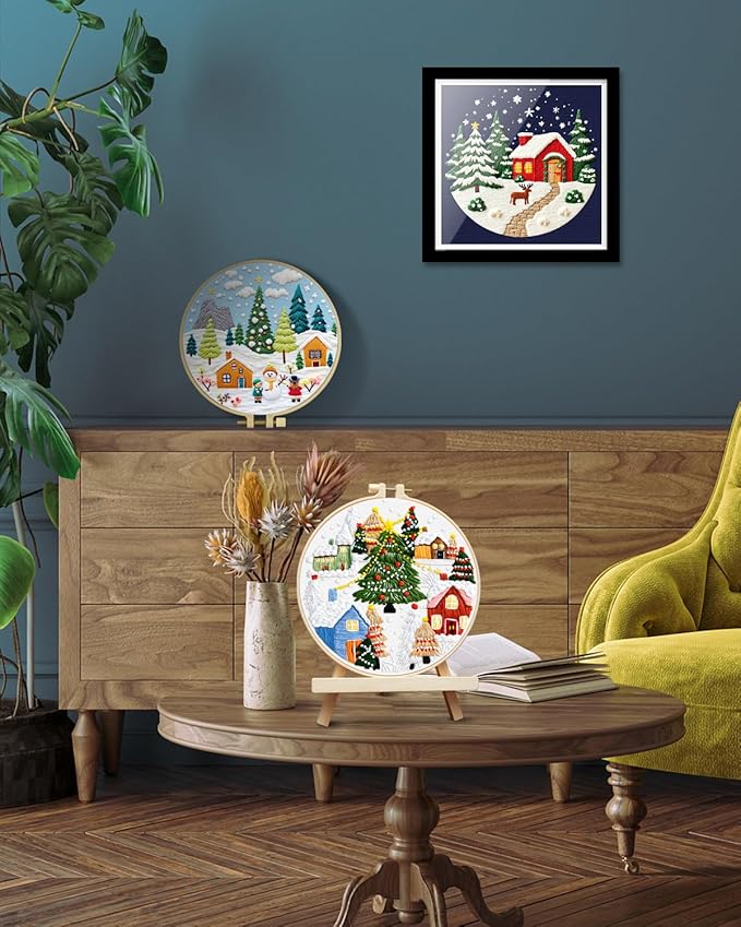 TINDTOP Christmas Embroidery Kit for Adult, 3 Pack Embroidery DIY Starter Kit, with Stamped Patterns, Hoop, Tools, Colorful Threads with Needles, Instructions