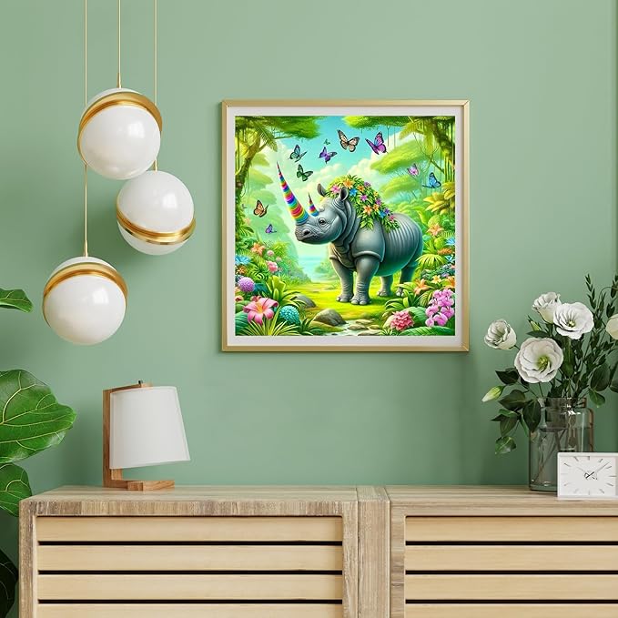 WSLWXSHM Diamond Painting Kits for Adults Rhinoceros and Butterfly, Round Full Drill Diamond Art Kits, 5D DIY Paint with Diamonds Crafts for Home Wall Decoration Gifts 12×12Inch, Animal