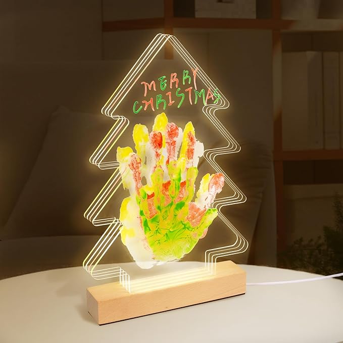 cepairng 4-layer christmas tree family handprint kit with light,new parents gift for couples,baby shower gifts for mom dad,first birthday gifts for girls keepsake boys personalized(wood color)