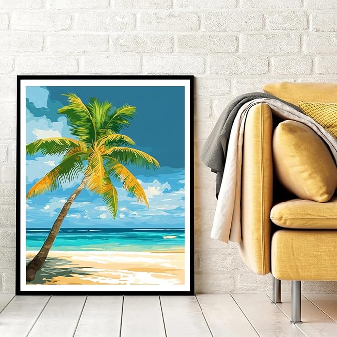 Natuyalo Paint by Numbers Kit for Adults Beginner, Coconut Tree Adult Paint by Number Kits on Canvas, Beach View DIY Acrylic Paint by Number for Adults for Home Decor Gift 16x20 Inch