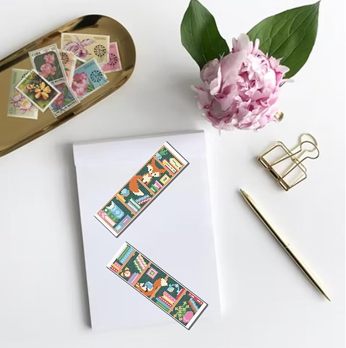 FREEBLOSS 6 Set Cross Stitch Bookmark Kits Fox Bookshelf Pattern Stamped Embroidery Kit Stitch Bookmarks DIY Book Marks Printed Cross Stitch Kits with Instructions for Beginners Adults, 8''x2.4''