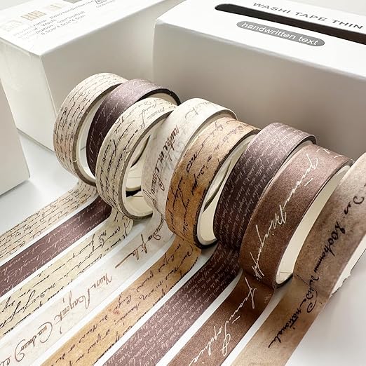 YUBX Vintage Washi Tape Set 8 Rolls Thin Retro Decorative Antique Patterns Masking Tapes for Arts, DIY Crafts, Journals, Planners, Scrapbook, Wrapping (Handwritten Text)