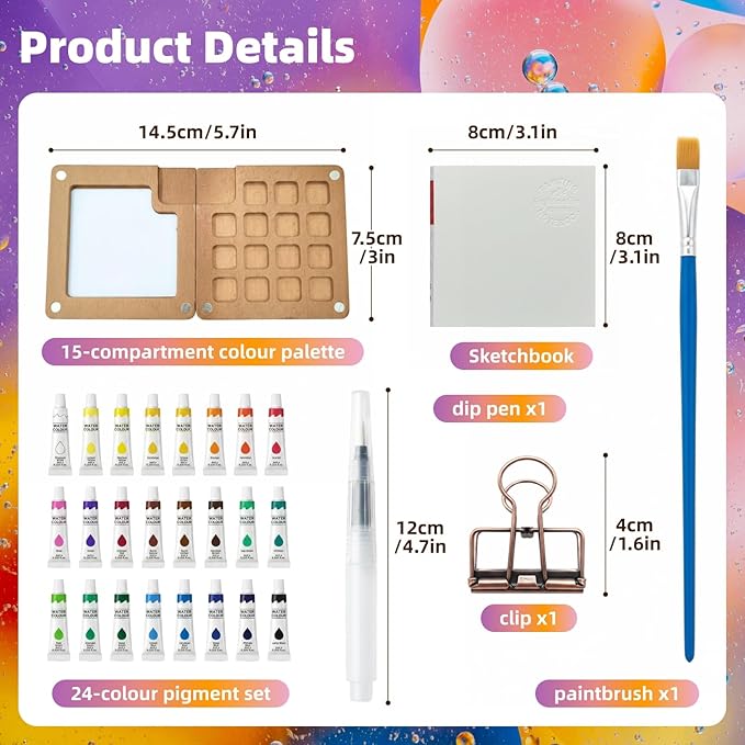 Mini Watercolor Paint Set, Travel Paint Kit, Pocket-Sized Art Supplies with 24 Colors, Paint Paper Pad, Water Brush Pens & Clips for Beginners, Adults and Outdoor Sketching