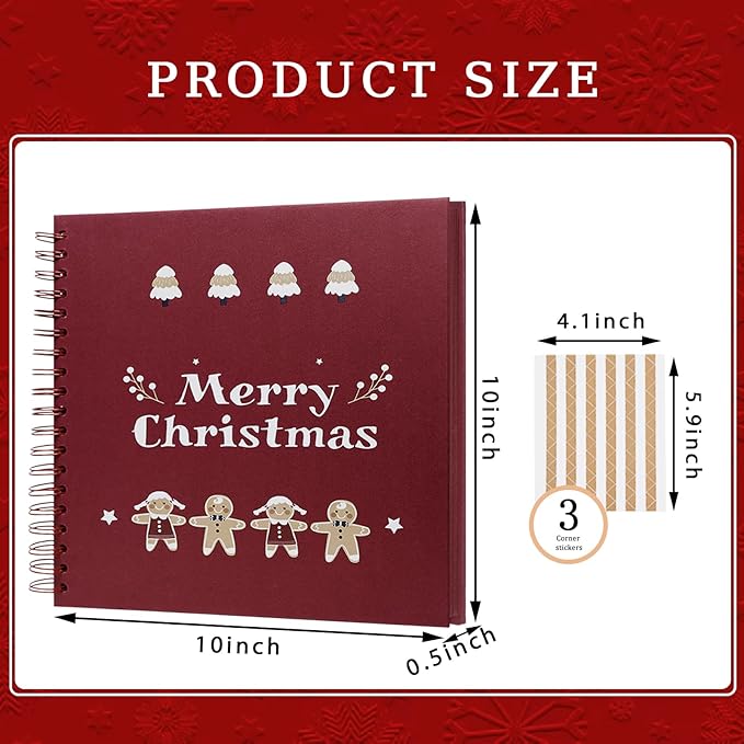 Christmas Memory Book - 10" x 10" Scrapbook Album, 60 Pages, with Photo Corner Stickers | DIY Holiday Keepsake Kit | Merry Christmas Gift for Memories