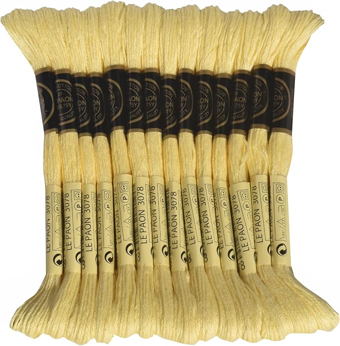 LE PAON Embroidery Floss, 14-Pack Six Strands 100% Long Staple Cotton Embroidery Thread, 8.7-Yard，Color Number：3078, Light Golden Yellow