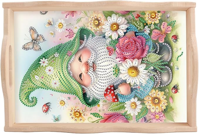 AiYuanzsh DIY Diamond Tray Diamond Art Painting Plate Creative Design Handmade Wooden Tray Mosaic Making Kits by Number Kits Diamond Art for Coffee Living Room Home Organizer (Green Gnome)