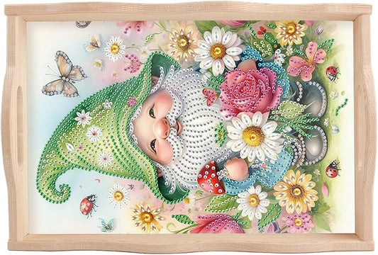 AiYuanzsh DIY Diamond Tray Diamond Art Painting Plate Creative Design Handmade Wooden Tray Mosaic Making Kits by Number Kits Diamond Art for Coffee Living Room Home Organizer (Green Gnome)