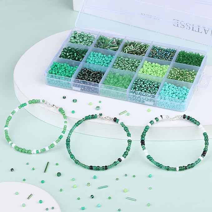 DUQGUHO Green Beads for Jewelry Making 4mm Green Glass Seed Beads Kit 15 Color 3mm 2mm Small Plastic Tube Bead for Bracelets Craft DIY St. Patrick's Day Bead