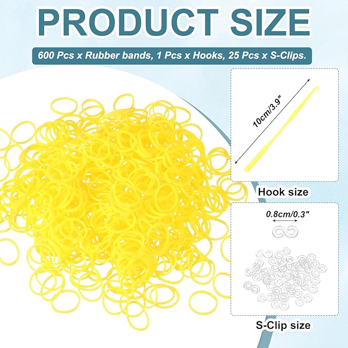 MECCANIXITY 600 Pcs Loom Rubber Bands Kit with 25 Pcs S-Clips 1-Hook Rubber Bands Refill Bracelet Making Kits for Weaving DIY Handcrafts Gift, Yellow