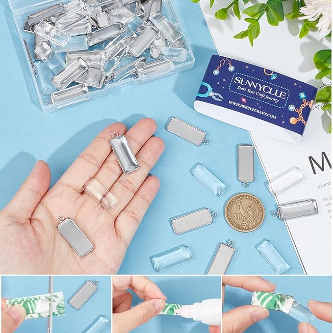 SUNNYCLUE 1 Box 80Pcs Pendant Trays Set Small Rectangle Stainless Steel Bezel Tray Pendant Cabochon Settings Cabochon Blanks Bezels for Jewelry Making Charms DIY Earrings Bracelets