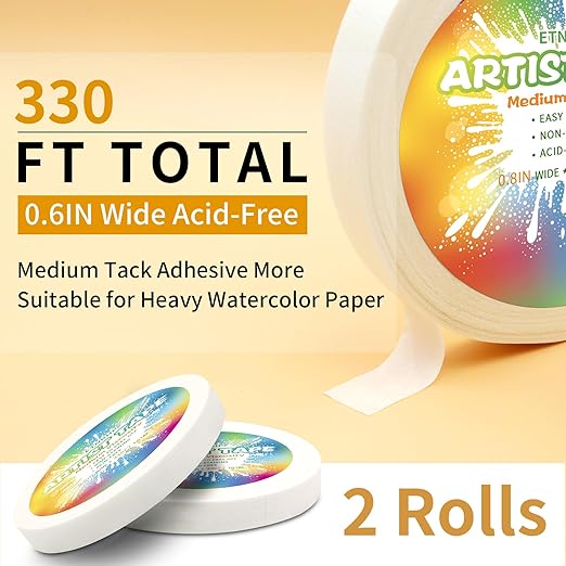 2 Packs White Art Tape Medium Tack Artist Masking Tape Paper Acid Free Tape Watercolor Painters Tape Artists Tape for Drafting Art Watercolor Painting Canvas Framing, 0.6 inch Wide 330FT Long