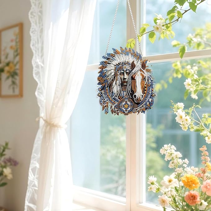 Lxmsja DIY Indian Chief Diamond Painting Hanging Ornament, Double-Sided Acrylic Horse Diamond Art Kit, Special Shaped Suncatcher Hanging Pendant Window Art Kit 8x7 inch