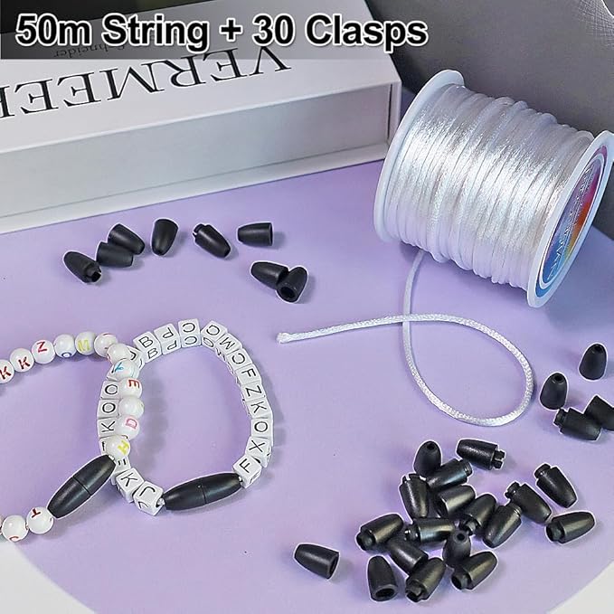 Ewparts Breakaway Clasp with Lanyard String 30 Pairs Breakaway Clasps Beads Barrel Connectors for Lanyard with 50m 2mm Nylon Cord for Bracelets,Necklace,Jewellry Making Breakaway Clasp (White)