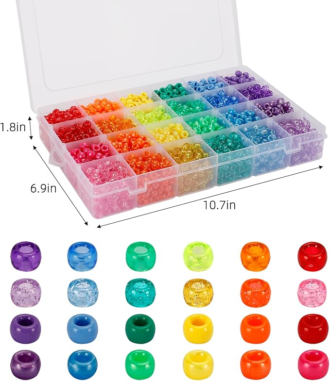 Quefe 2880pcs Pony Beads Kit, Kandi Beads for Hair, Rainbow Beads Plastic Bead for Craft 6 x 9mm 24 Colors 4 Styles Large Hole Beads Set for Bracelets Jewelry Making
