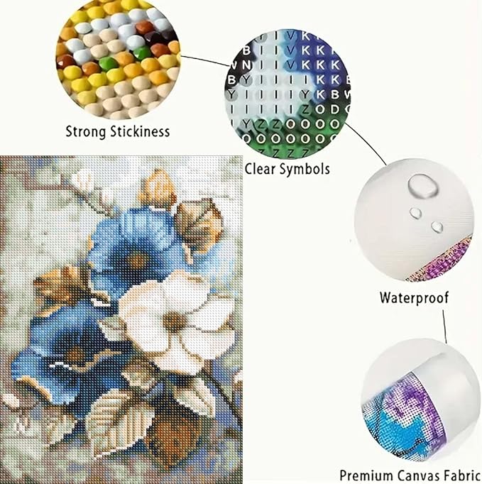 GEMFAMILY 5D Diamond Art Kits for Adults-Diamond Painting Kits for Blue and White Flower,DIY Round Full Drill Diamond Painting Kits for Beginner Home Wall Decor12 X 16Inch