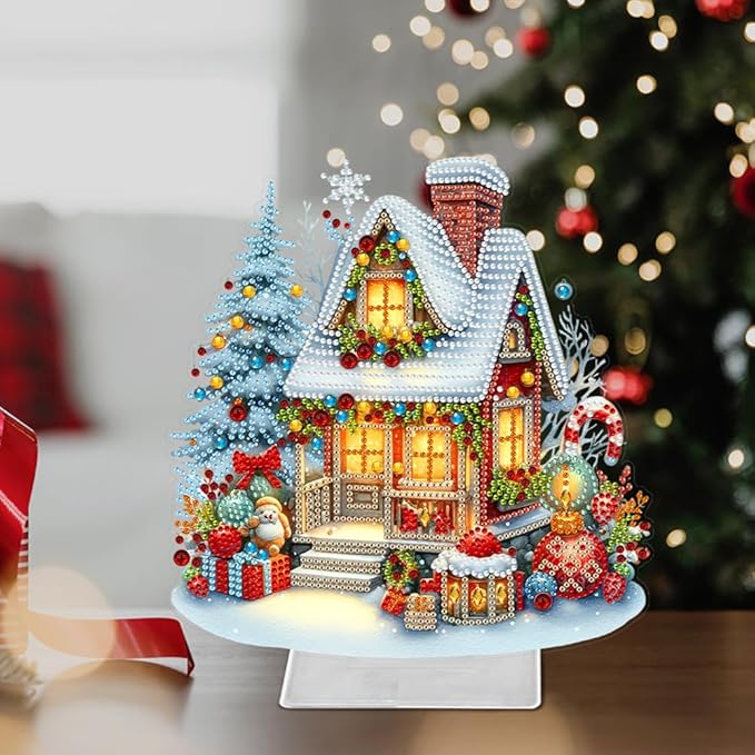 LAKEQUILL Christmas Diamond Painting Kits, Tabletop Ornament, Stand Up Diamond Art Desktop Kits for Home Office Decor, New Year Gift - Snow House