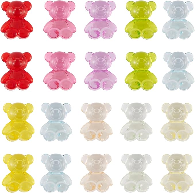 FASHEWELRY 20pcs Clear Acrylic Bear Beads Mixed Color Transparent Bear Spacer Beads Mini Cute Bear Loose Bead Bulk for Bracelet Necklace Earring Jewelry Making