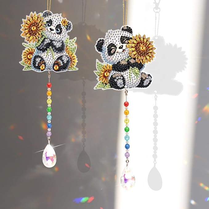 LazyFold 2 Pcs Diamond Painting Wind Chime Kits,Panda and Flower DIY Diamond Art Painting Wind Chime Kits Crystal Art Suncatchers for Adults Home Garden Window Craft Gift