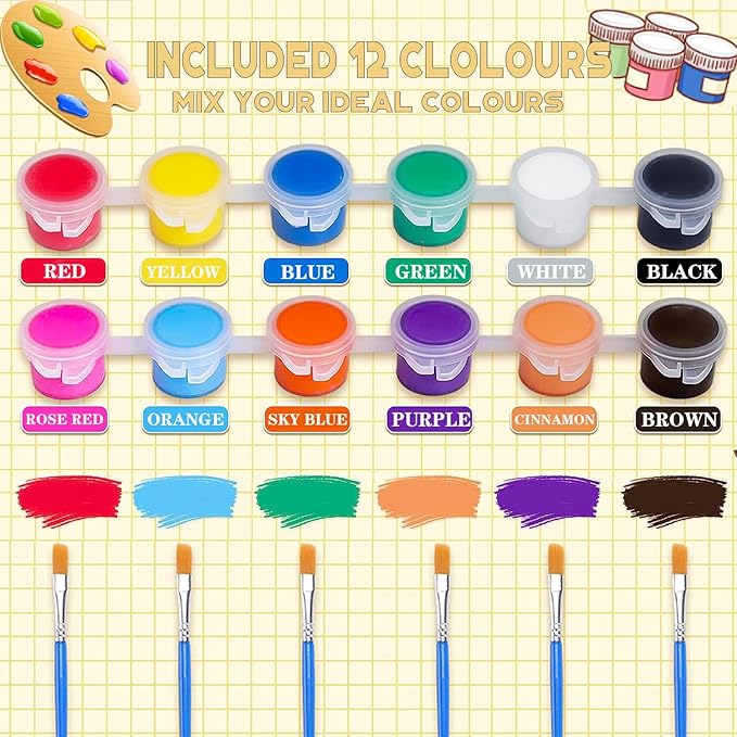 DUA MAIGA 280 Pcs Washable Acrylic Paint for Kids Arts and Crafts, 20 Gouache Watercolor Paint Sets of 12 Colors for Party Classroom Painting Supplies, 20 Flat and 20 Pointed Brushes