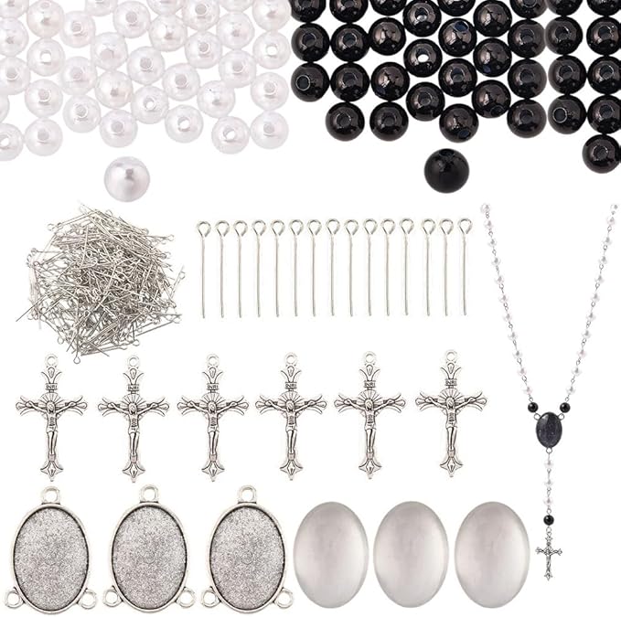 SUNNYCLUE 790Pcs DIY 6 Sets Rosary Making Kit Crucifix Charms Cross Charm Bezel Pendant Trays with Glass Dome White Imitation Pearl Beads Rosary Crosses for Women Men Memorial Gifts Holiday Supplies