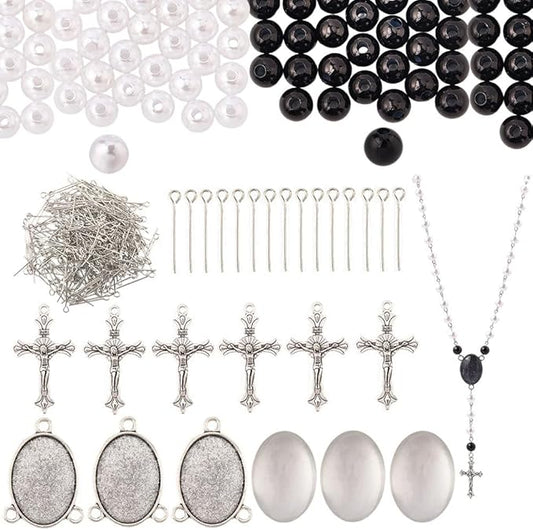 SUNNYCLUE 790Pcs DIY 6 Sets Rosary Making Kit Crucifix Charms Cross Charm Bezel Pendant Trays with Glass Dome White Imitation Pearl Beads Rosary Crosses for Women Men Memorial Gifts Holiday Supplies