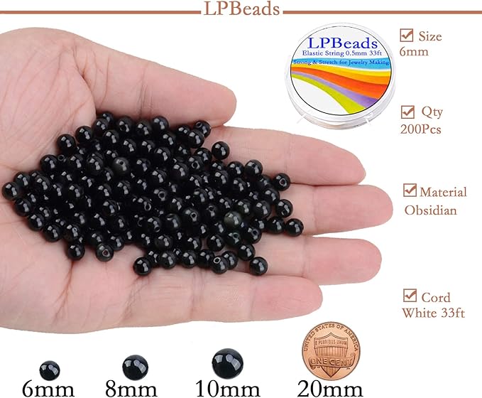 LPBeads 200Pcs Polished 6mm Round Natural Black Obsidian Gemstone Loose Beads with Stretch Cord for Jewelry Making Bracelets