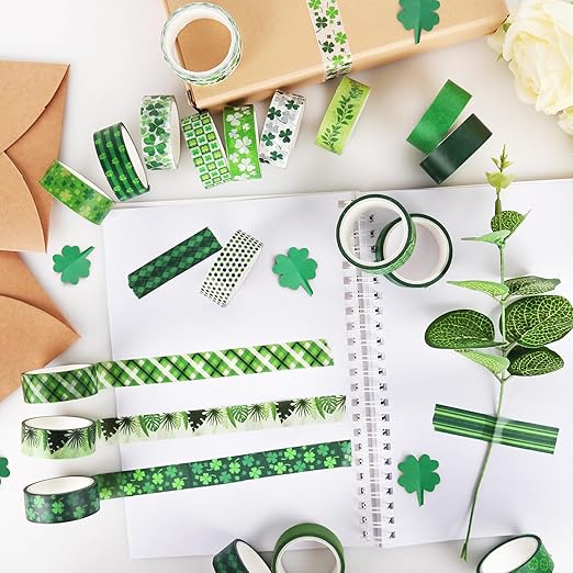 Green Decorative Tape Set 20 Rolls St. Patrick's Day Washi Tape Lucky Shamrock DIY St Patrick Day Masking Tape for Irish Holiday Kids Craft Notebook Scrapbooking & Stamping Supplies