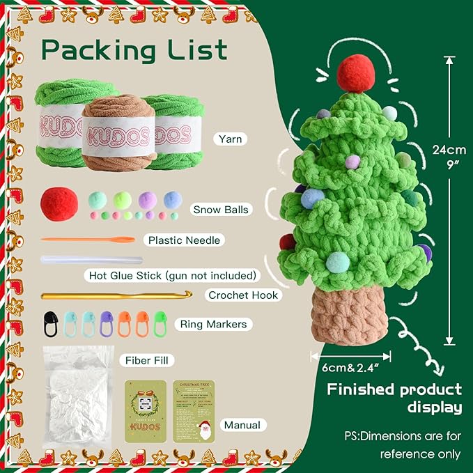 KUDOS Christmas Tree Crochet Kit - Holiday Crochet Set with Christmas Beads and Decorations for Beginners, Crochet Kit with All Accessories & Tutorial, Christmas Crochet for Family