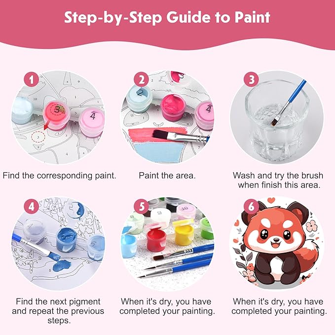 4 Pack Paint by Numbers for Kids with Wooden Framed, Cute Cartoon Unicorn, Panda, Frog, Paint by Number Kits on Canvas for Beginner, Acrylic Oil Painting Kits for Home Decor 8x8 inch, Kawaii Animals