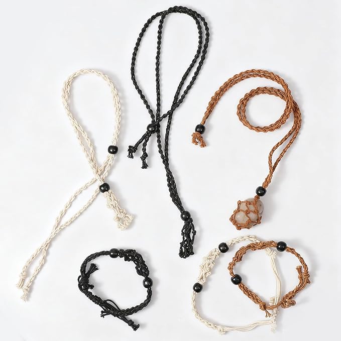 6PCS Adjustable Crystal Holder Necklace Cage and Bracelet Cord Holders, Empty Stone Necklaces Cord Hand-Woven Replacement Pendant Net Cages for Quartz Gemstone, DIY Jewelry Making(3 Colors)
